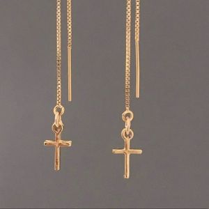 Mini Cross Threader Chain Earrings - Gold Fill